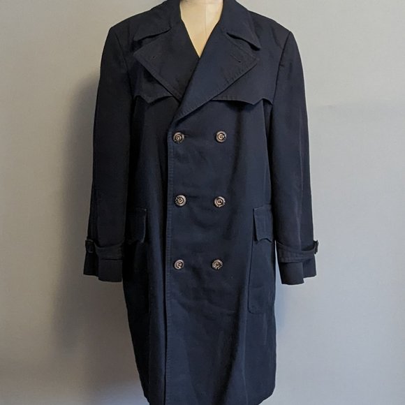 Men's Vintage Double Breasted Navy Blue Trench Coat 44 - Picture 1 of 8